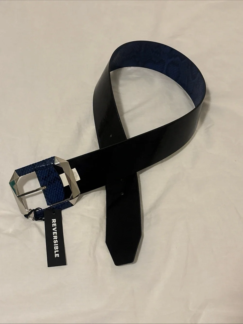 WHBM Royal BLUE Snakeskin Print/Black Patent Leather Reversible Belt Size S New